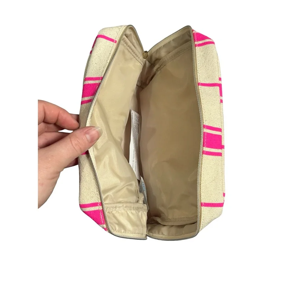 Juicy Couture Pink Striped Canvas Makeup Bag Gold Glitter Logo NWT Large
